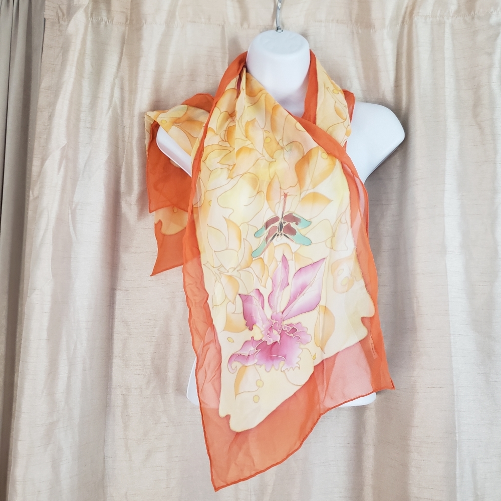 NWOT Jenny James orange cream purple & blue floral silk scarf - Picture 6 of 7